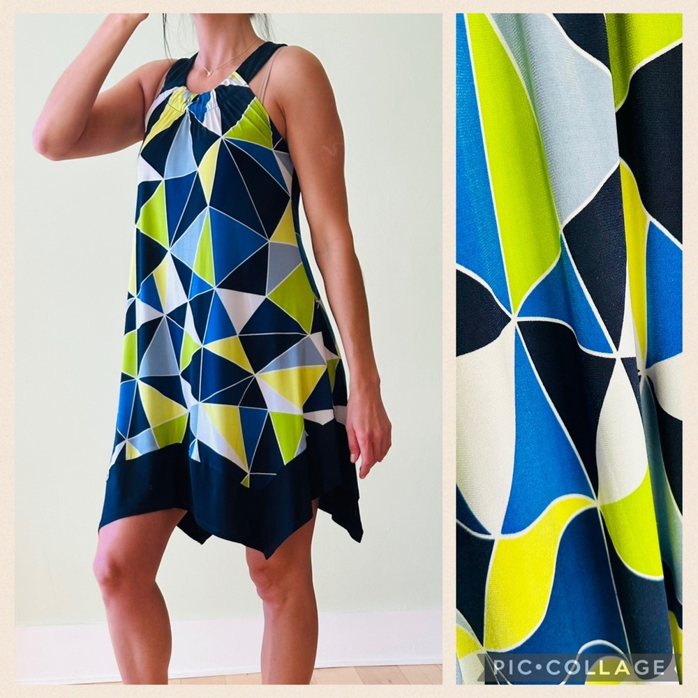 Enfocus Studio Geometric Asymmetrical Dress in Navy, Blue, Lime, Yellow